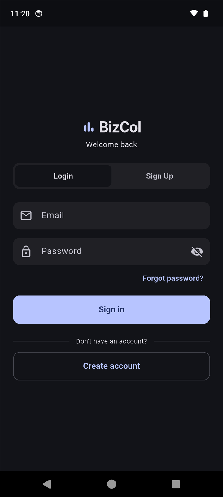 BizCol login screen