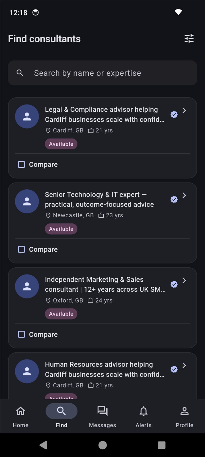 BizCol consultant marketplace screen